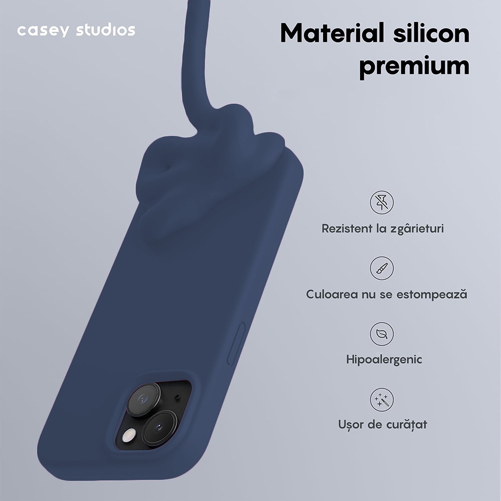 Husa CASEY STUDIOS™ pentru Apple iPhone 15, Soft Silicone Premium, Microfibra in Interior, Midnight Blue, de Protectie, Ultra Slim, pentru Incarcare Wireless, Margini Ridicate pentru Protectia Ecranului si a Camerelor