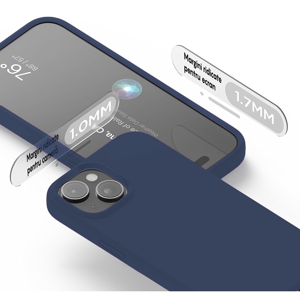 Husa CASEY STUDIOS™ pentru Apple iPhone 15, Soft Silicone Premium, Microfibra in Interior, Midnight Blue, de Protectie, Ultra Slim, pentru Incarcare Wireless, Margini Ridicate pentru Protectia Ecranului si a Camerelor