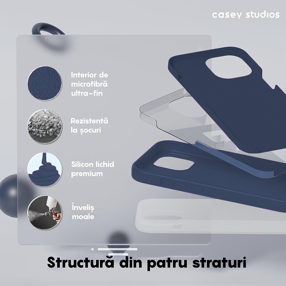 Husa CASEY STUDIOS™ pentru Apple iPhone 15, Soft Silicone Premium, Microfibra in Interior, Midnight Blue, de Protectie, Ultra Slim, pentru Incarcare Wireless, Margini Ridicate pentru Protectia Ecranului si a Camerelor