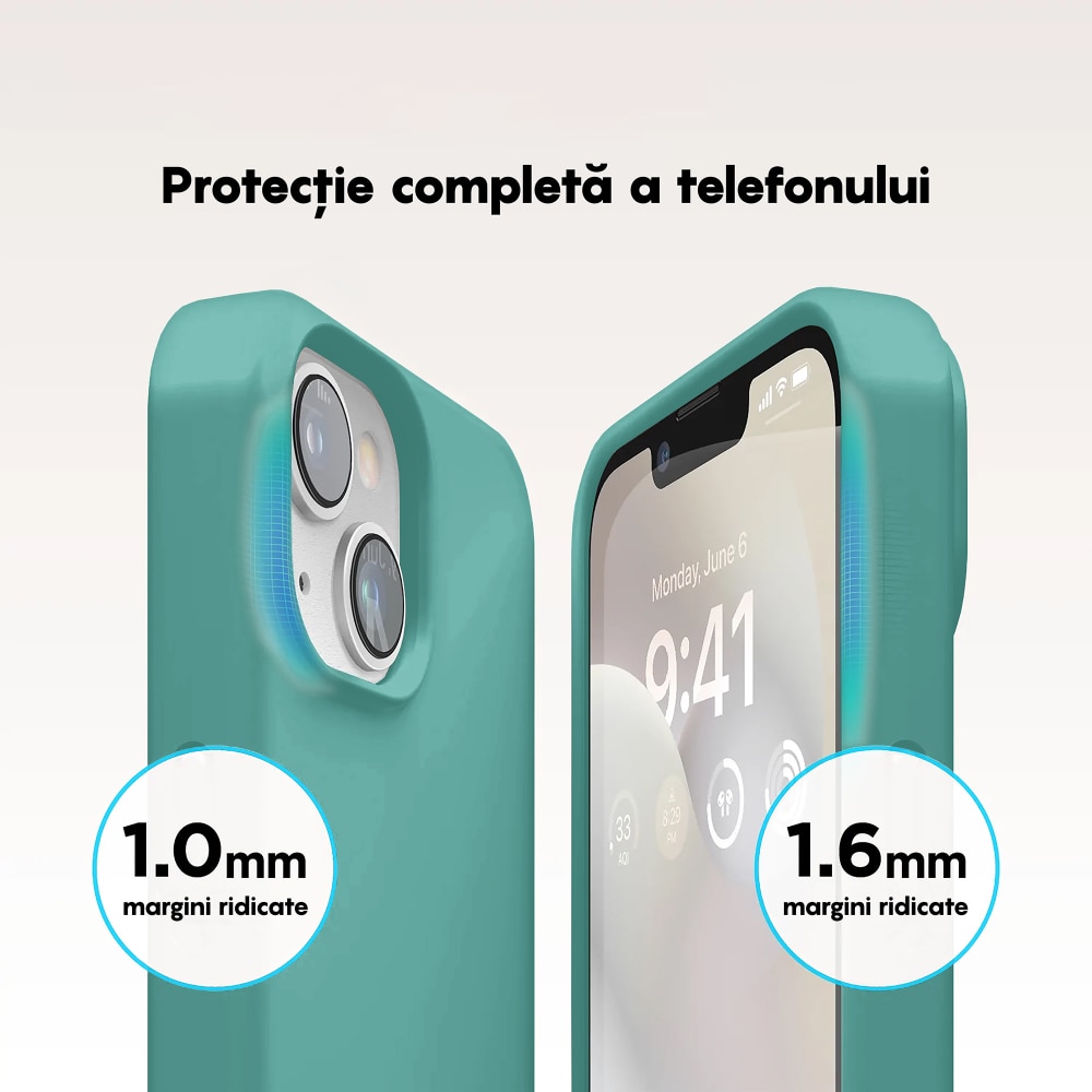 Husa CASEY STUDIOS™ compatibila cu iPhone 14, Soft Silicone Premium, Microfibra in Interior, Turqoise, de Protectie, Ultra Slim, pentru Incarcare Wireless, Margini Ridicate de Protectia Ecranului si a Camerelor
