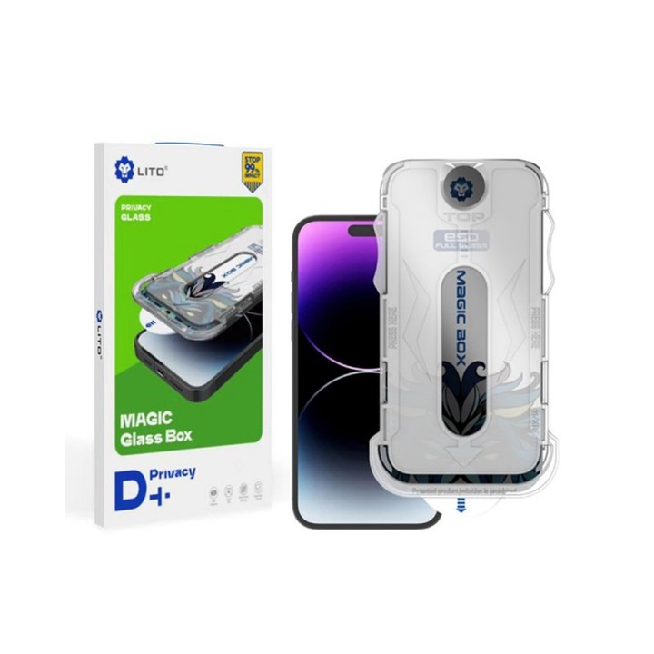 Folie Sticla Securizata Lito Magic Glass Privacy Compatibila Cu iPhone 15 Plus, Full Glue, Usor De Aplicat