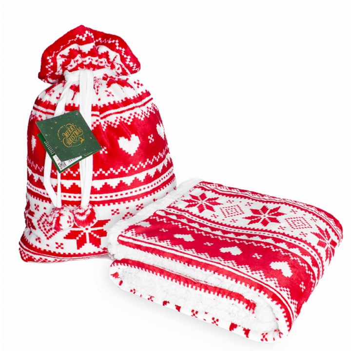 Patura de Craciun, Faro, Poliester, 150x200 cm, Rosu/Alb