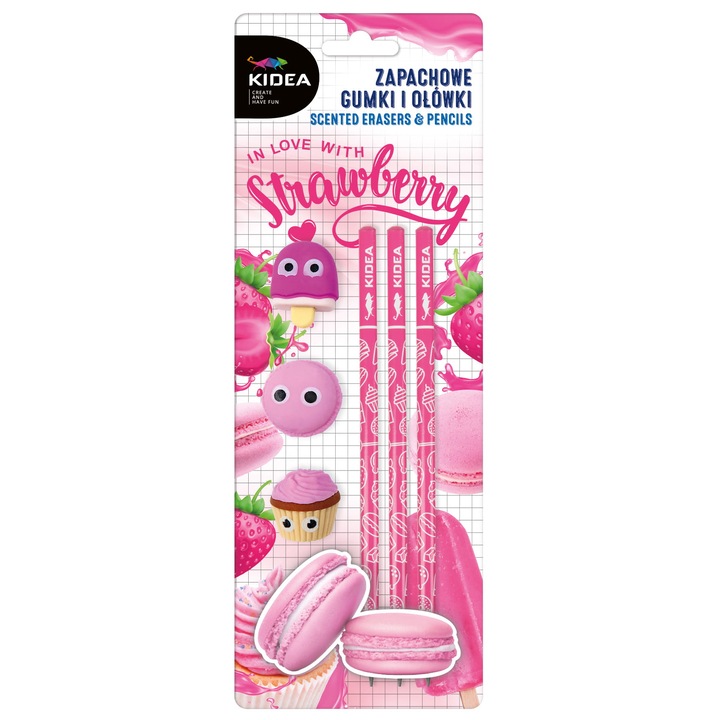 Ученически комплект гумички и моливи с аромат на ягода, Kidea, Pink