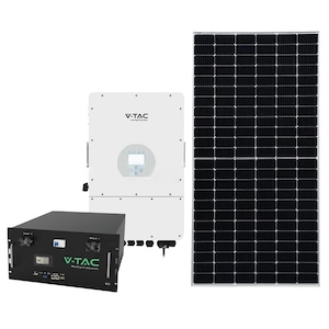Kit 24 panouri solare fotovoltaice, Invertor solar Hybrid trifazat 10 kW IP65, Acumulator 9, 6 kWh, 6000 cicluri