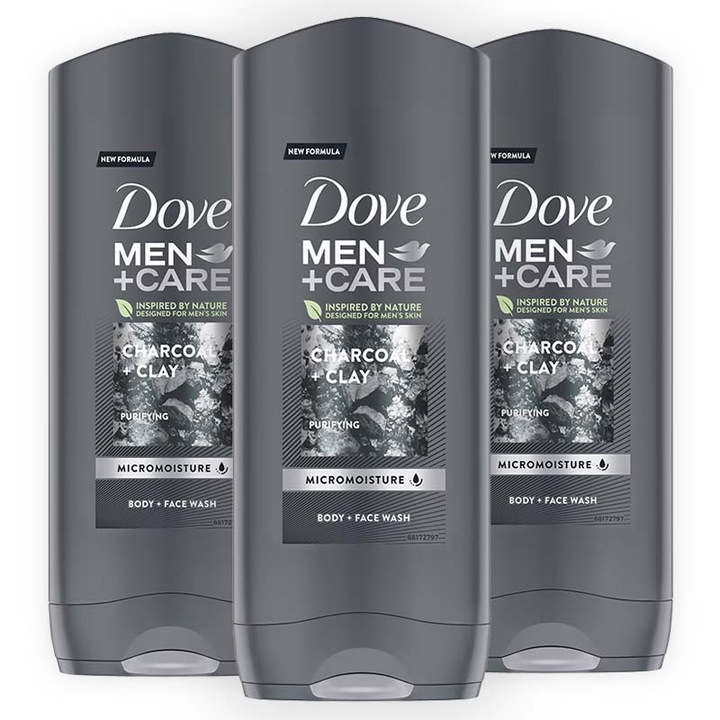Pachet 3 x Gel de dus Dove Men+Care Charcoal Clay, 400 ml