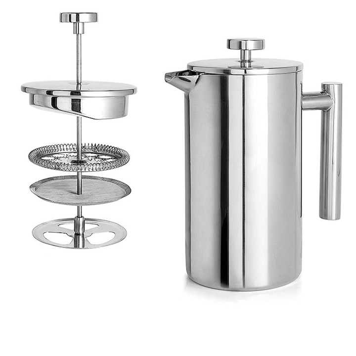 Aparat de cafea presa franceza, otel inoxidabil 304, 1000 ml, argintiu