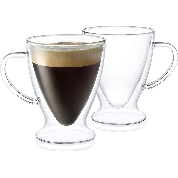 Cana pentru cafea si ceai, cu pereti dubli cu maner, Sticla, rezistenta la caldura, 300 ml, Transparent