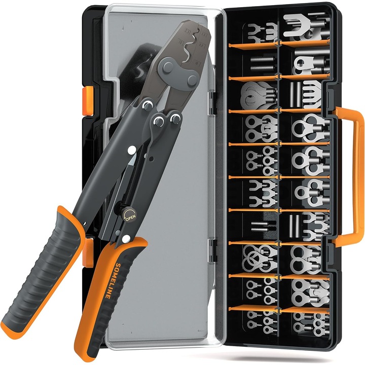 Set cleste de sertizare 0.5-16 mm² cu 90 bucati terminale AWG 0.5, 1.5, 2.5, 4, 6, 10, 16, cu cutie de depozitare si transport, SOMELINE