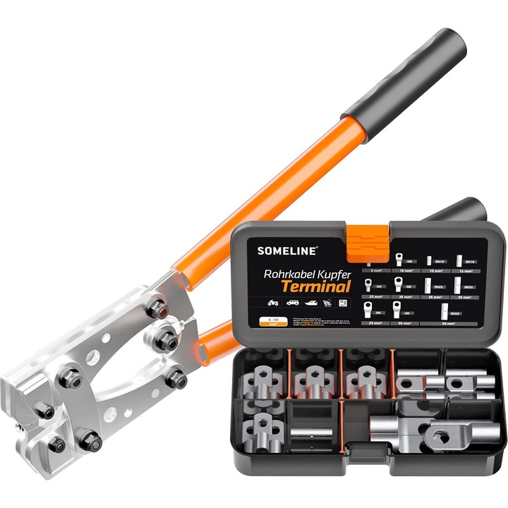 Set cleste de sertizare 6-50 mm² cu 21 bucati terminale 6 mm², 10 mm², 16 mm², 25 mm², 35 mm², 50 mm², Borne de cupru, SOMELINE