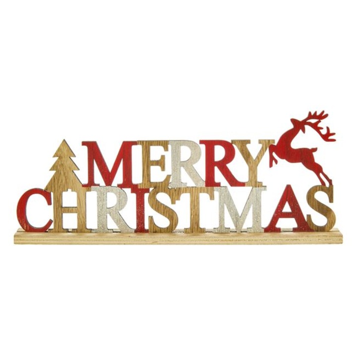 Decoratiune din Lemn de Craciun Shopiens®, Merry Christmas cu Cerb, 30 cm