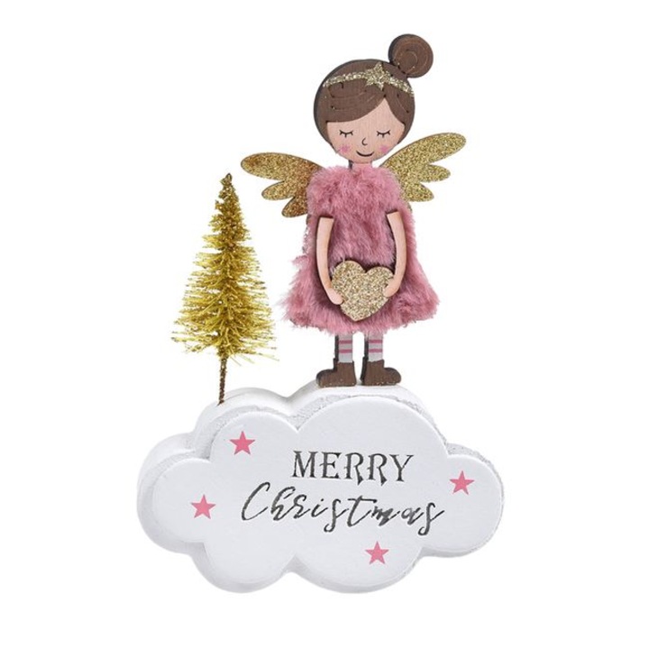 Decoratiune din Lemn de Craciun Shopiens®, Ingeras Fetita cu Rochie Nor Brad Glitter, 10x15 cm