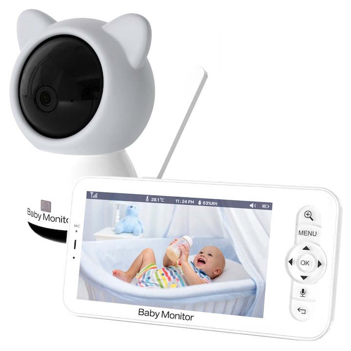 Система за наблюдение на бебето, CLD -Care Love Devotion, 5 инча LCD, 1080P, Wi-Fi, приспивни песни, телефонно приложение, аларма за температура, 4x увеличение