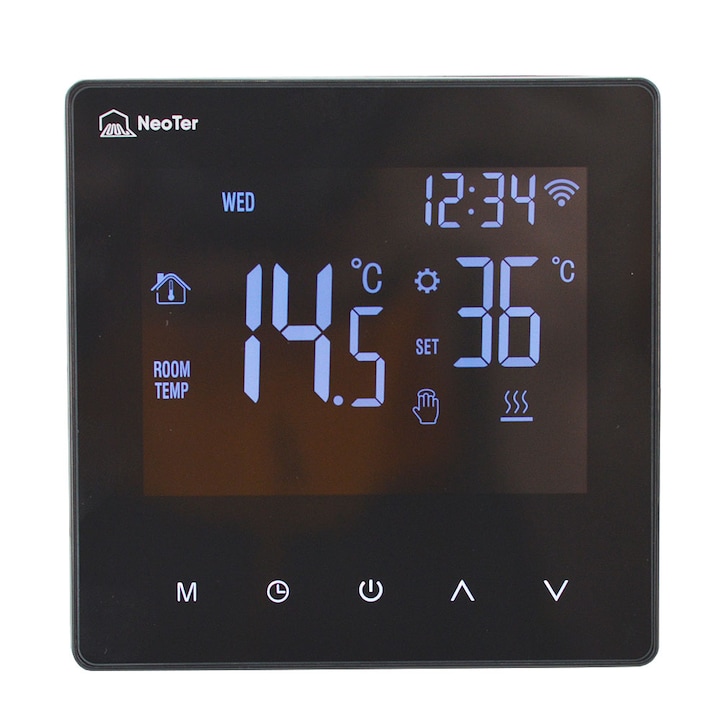 Termostat incalzire in pardoseala, montaj doza, Smart Neoter App, Wi-Fi, Touch, programabil, Square Black Neoter