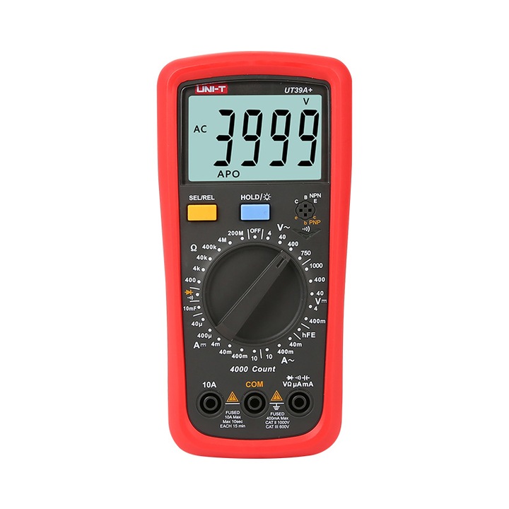 Цифров мултицет UNI-T UT39A+, LCD дисплей, диод/батерия/тестер за непрекъснатост със зумер, аларма за претоварване, съхранение на данни, Enisei Electronics