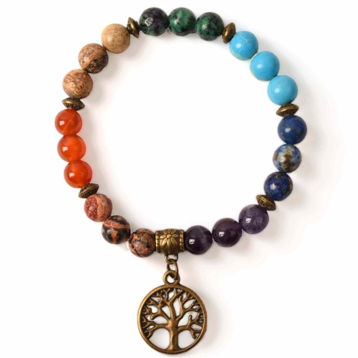 Elasztikus karkötő természetes kövekkel a 7 csakrához, Életfa medál