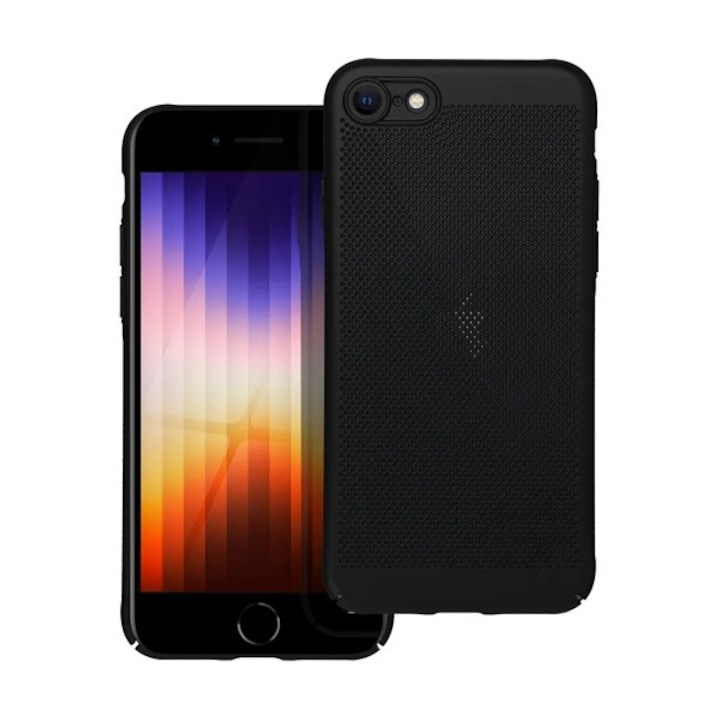 Gigapack műanyag mobiltelefon tok, légáteresztő, lyukacsos, kameravédő, fekete, kompatibilis: Apple iPhone SE 3, 2022, / iPhone SE 2, 2020, / iPhone 8 4.7