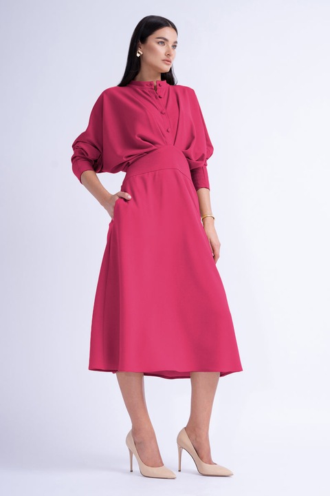 Rochie midi cu bust drapat si nasturi, Bluzat, Fuchsia, Fucsia
