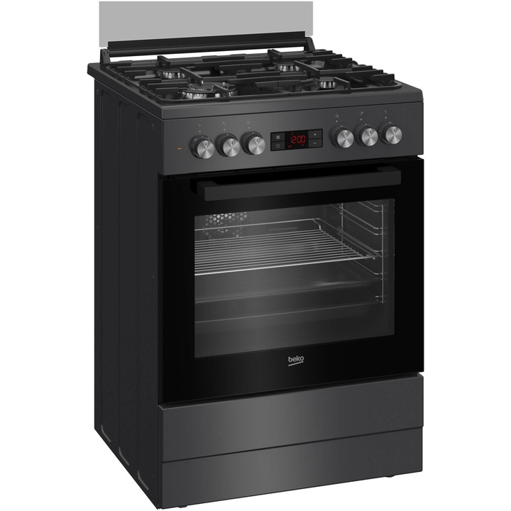 Готварска печка Beko FSM62320SAC, Смесена, 4 нагревателни зони, WOK, Високоефективна газова горелка, Safety Plus, Чугунен грил, SteamShine Cleaning, Каталитично самопочистване, Таймер, Клас А, 60 см, Антрацит