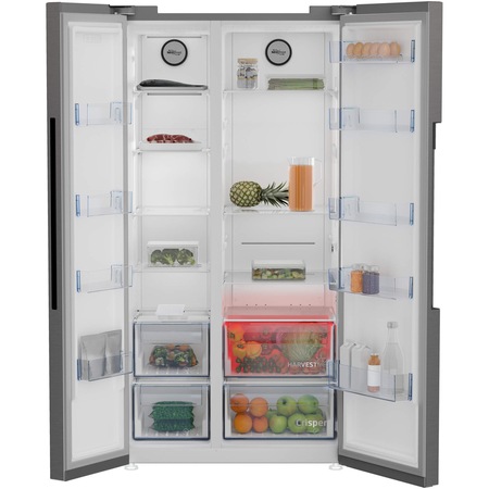 Side by side Beko GN1603140XBN, 580 l, NeoFrost Dual Cooling, HarvestFresh, Compresor inverter,Cutie legume si fructe, Display touch control, Clasa E, H 179 cm, Inox
