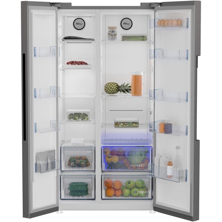 Хладилник Side by side Beko GN1603140XBN, 580 л, NeoFrost Dual Cooling, HarvestFresh, Инверторен компресор, Кутия за зеленчуци и плодове, Сензорен дисплей, Клас Е, H 179 см, Неръждаема стомана