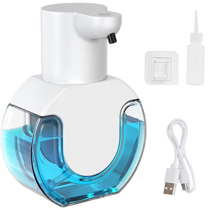 Dozator Automat Sapun Lichid cu Spuma, Prindere de Perete, Senzor de Miscare, Fara Atingere, Incarcare USB, 420 ml, Alb