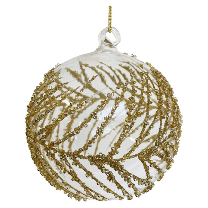 Glob bila de sticla transparenta cu frunza din margele, 10 cm