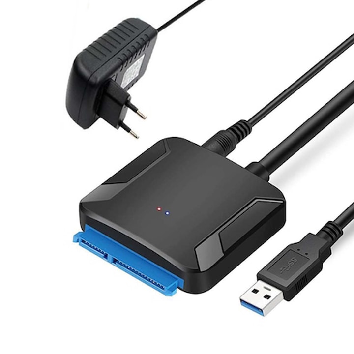 USB 3.0-SATA adapter 2,5/3,5 hüvelykes HDD/SSD Plug and Play, fekete tápegységgel