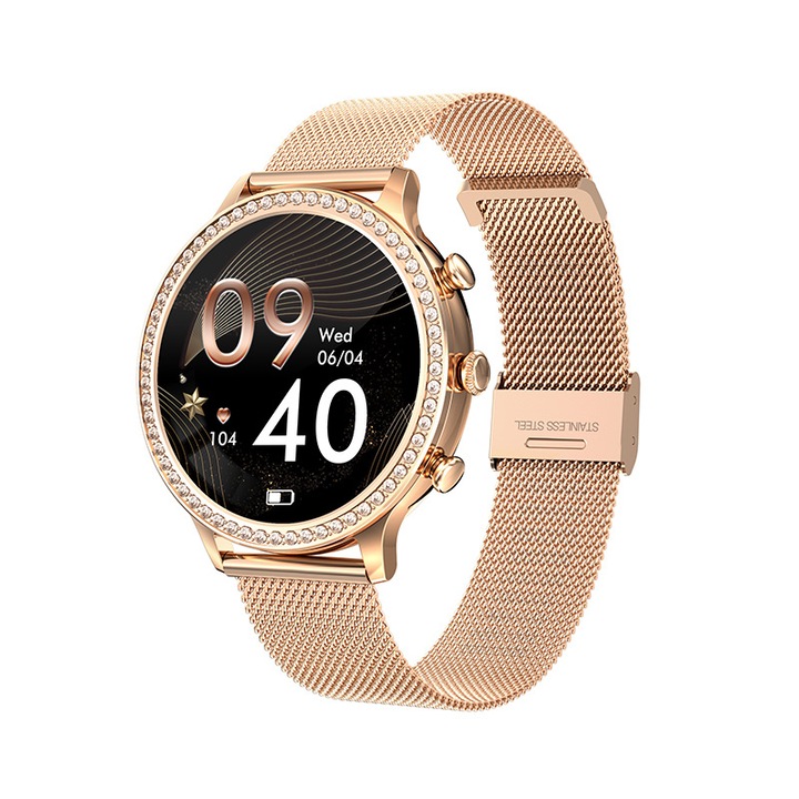 Смарт часовник за жени, 1,32 инча HD, bluetooth 5.0 разговор, микрофон, високоговорител, известия/sms/социални медии, наблюдение на физическата активност, сън, пулс, крачкомер, IP67, Злато
