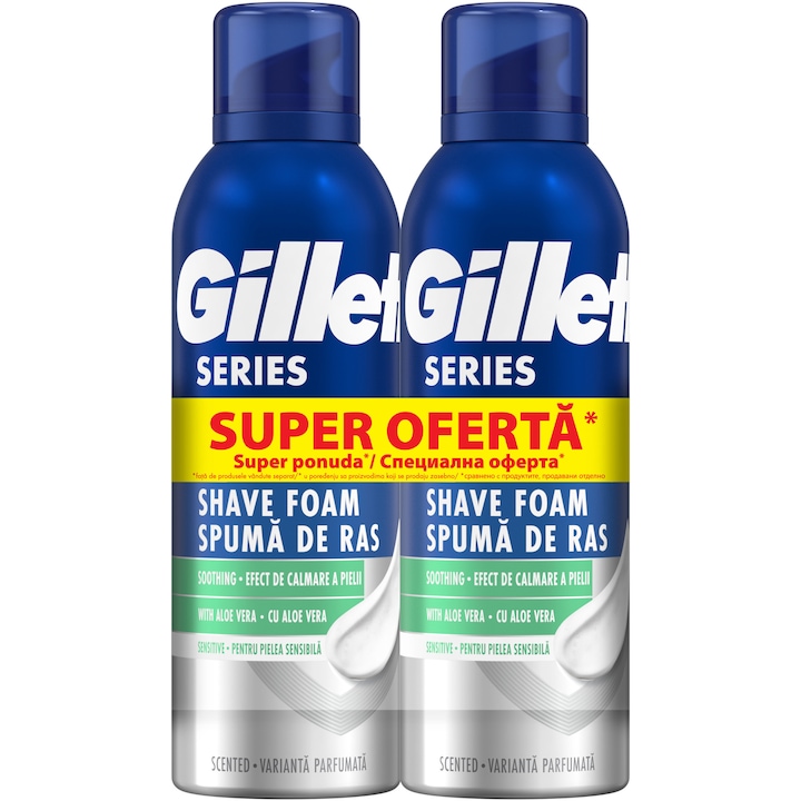 Pachet 2x Spuma de ras Gillette Series Sensitive cu aloe vera, 2x200ml