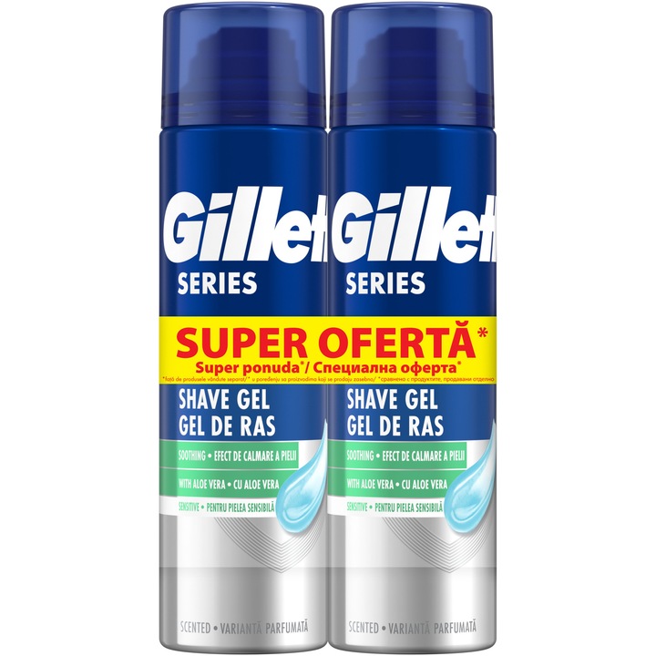 Pachet 2x Gel de ras Gillette Series Sensitive cu aloe vera, 2x200ml
