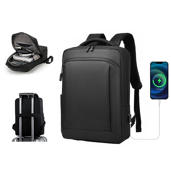 Rucsac pentru laptop, Yanx, 15.6", Smart Casual, cu Port USB, Rezistent la Apa si Zgarieturi, buzunar cu fermoar, maner fix, bareta umar reglabila si detasabila, unisex, Negru