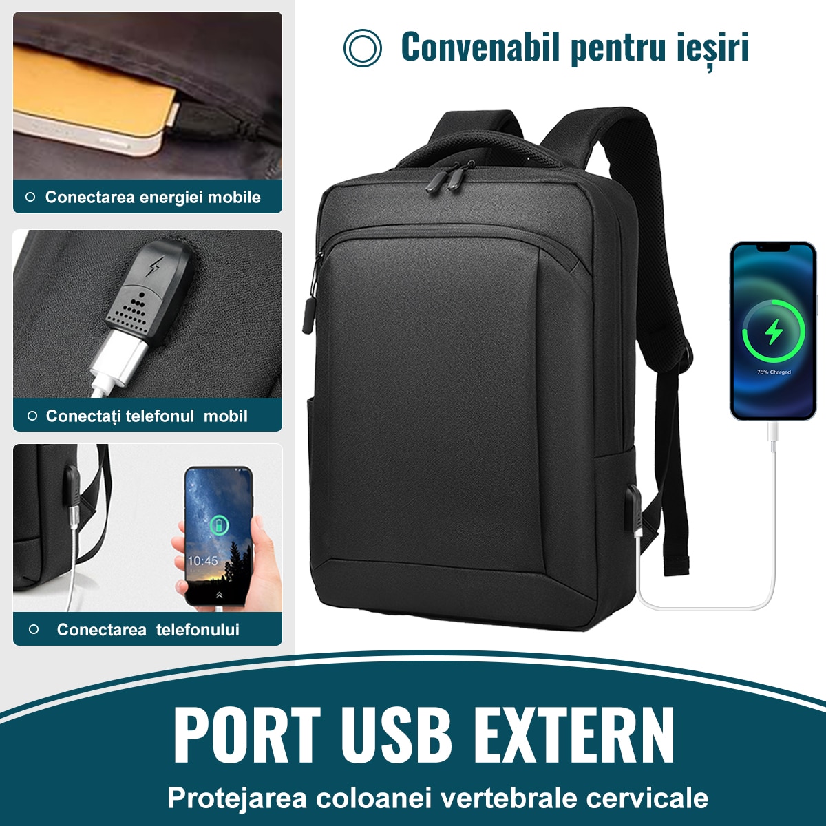 Rucsac pentru laptop, Yanx, 15.6", Smart Casual, cu Port USB, Rezistent la Apa si Zgarieturi, buzunar cu fermoar, maner fix, bareta umar reglabila si detasabila, unisex, Negru