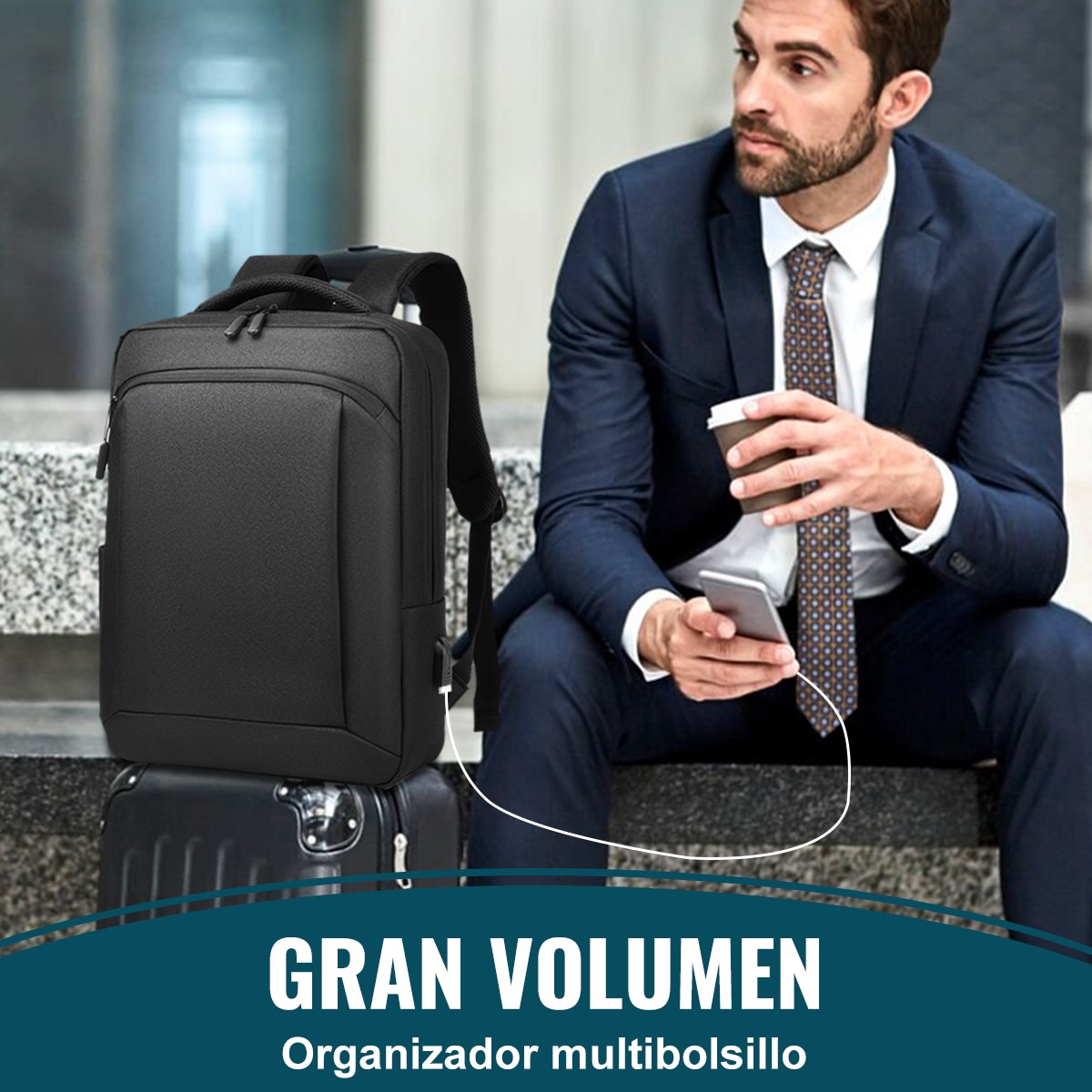 Rucsac pentru laptop, Yanx, 15.6", Smart Casual, cu Port USB, Rezistent la Apa si Zgarieturi, buzunar cu fermoar, maner fix, bareta umar reglabila si detasabila, unisex, Negru