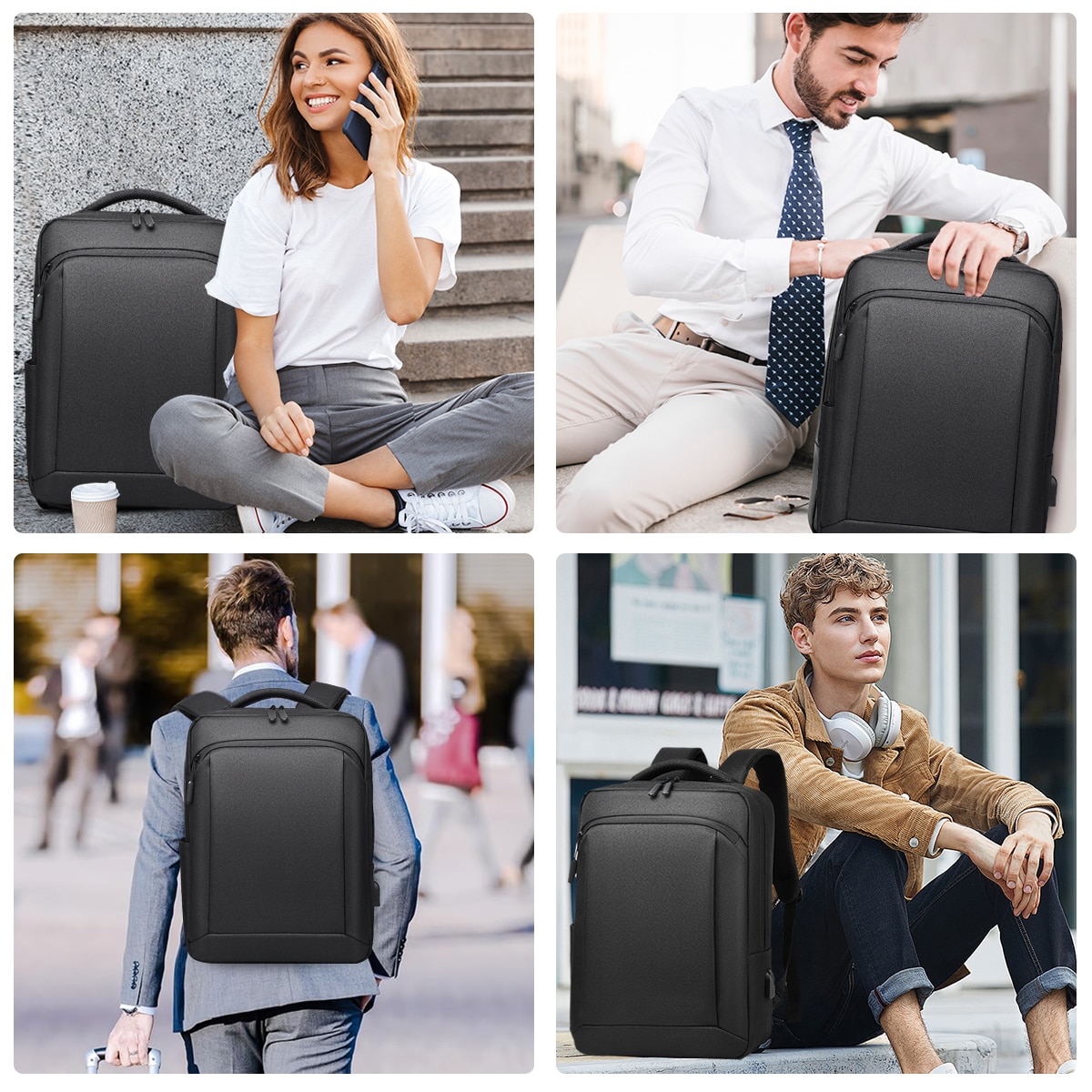 Rucsac pentru laptop, Yanx, 15.6", Smart Casual, cu Port USB, Rezistent la Apa si Zgarieturi, buzunar cu fermoar, maner fix, bareta umar reglabila si detasabila, unisex, Negru