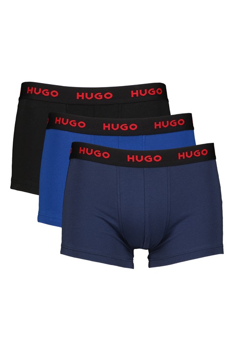 HUGO, Set de boxeri cu logo - 3 perechi, Negru/Albastru/Bleumarin