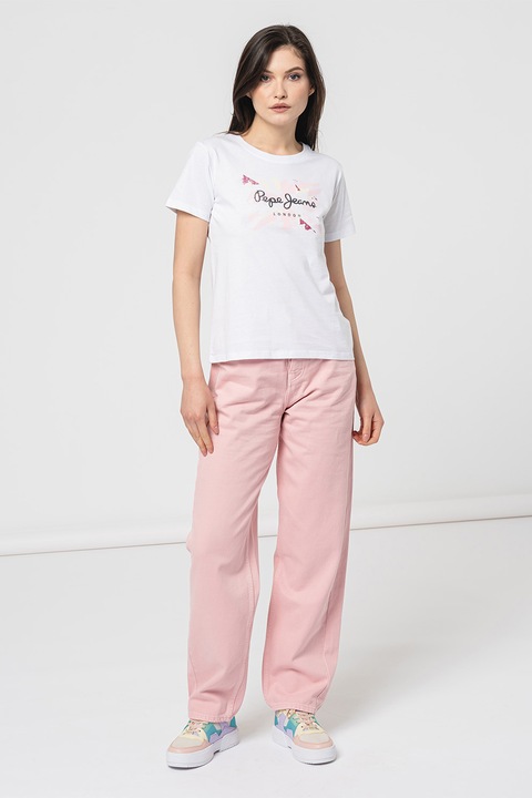 Pepe Jeans London, Памучна тениска Kallan с лога, Бял/Розово