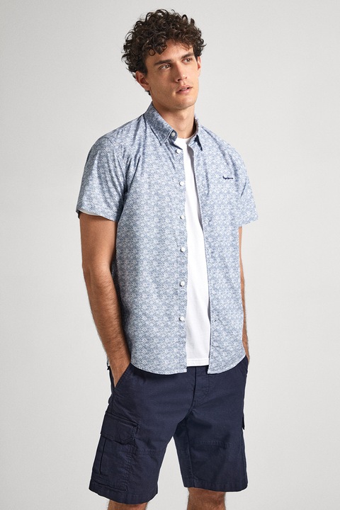 Pepe Jeans London, Rövid ujjú mintás ing, Fehér/Indigókék, M