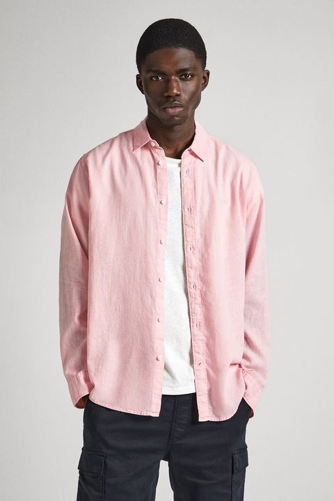 Pepe Jeans London, Camasa din in cu broderie logo, Roz pastel
