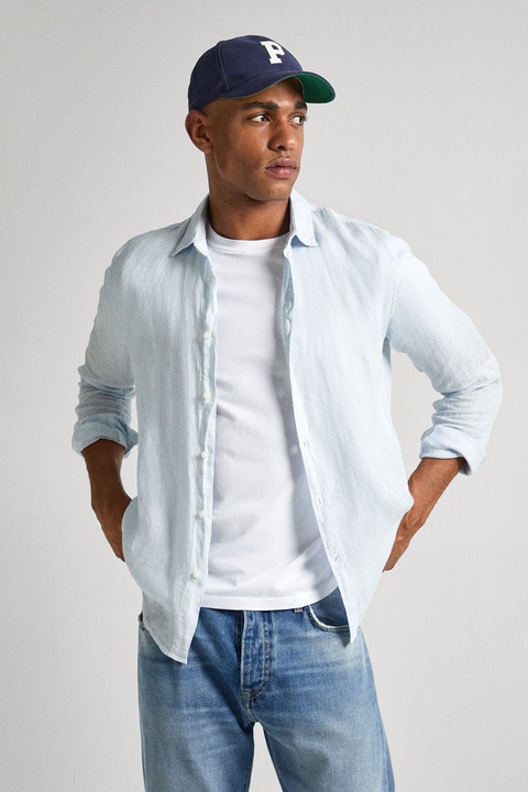 Pepe Jeans London, Camasa din in cu broderie logo, Albastru pastel