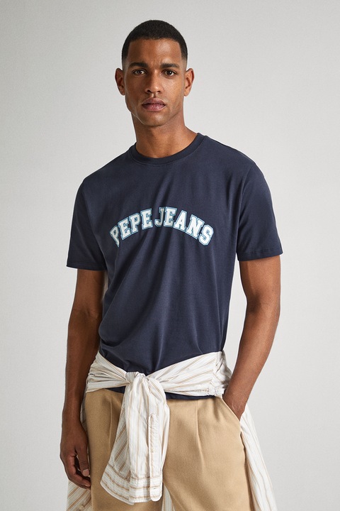 Pepe Jeans London, Tricou cu decolteu la baza gatului si logo, Bleumarin