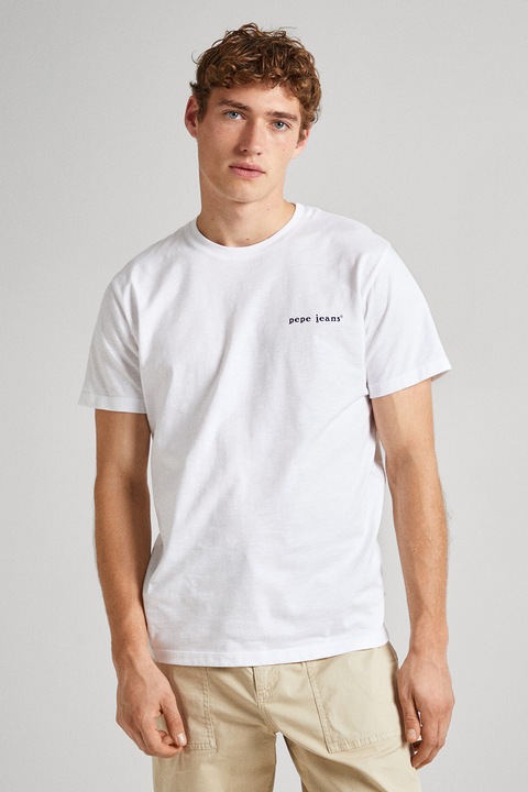 Pepe Jeans London, Тениска с овално деколте и лого на гърба, Бял