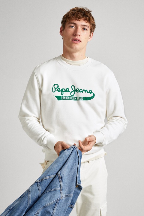 Pepe Jeans London, Суитшърт с лого, Бял/Зелен