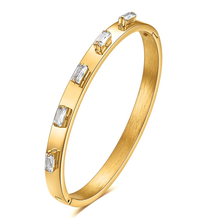 Bratara tip Bangle fixa, model cu pietre zirconiu dreptunghiulare Oversize, otel inoxidabil, prindere cu magnet, placata cu aur 18K, 6mm, Tessero, auriu