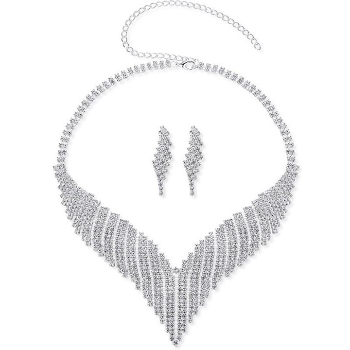 Set bijuterii dama, colier si cercei cu strasuri din pietre zirconiu, pentru evenimente, ocazii, placat cu aur 18K, extensie reglabila, Tessero, argintiu