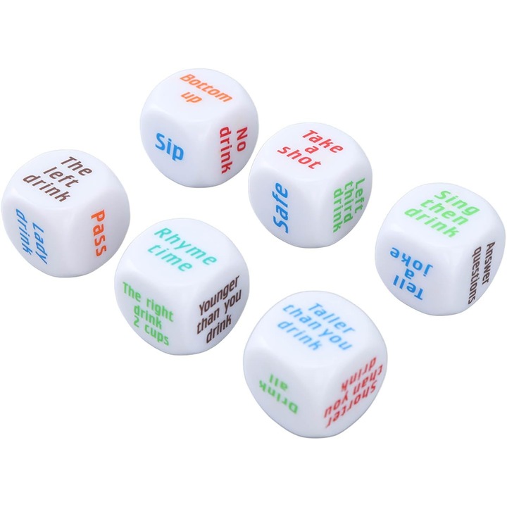 Set de 6 Bucati de Zaruri Mari pentru Bauturi, Zaruri pentru Jocuri de Baut, Petreceri Nebun, Turnee De Bar Alb