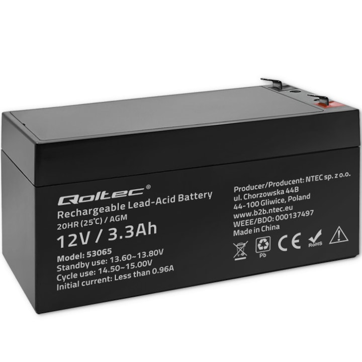 Acumulator Agm, Qoltec, 53065, Tip Acumulator: Vrla, Tehnologie: Agm, Tensiune: 12V, Curent Maxim De Incarcare: 0.96A, Dimensiuni: 67 x 134 x 60 mm, Negru