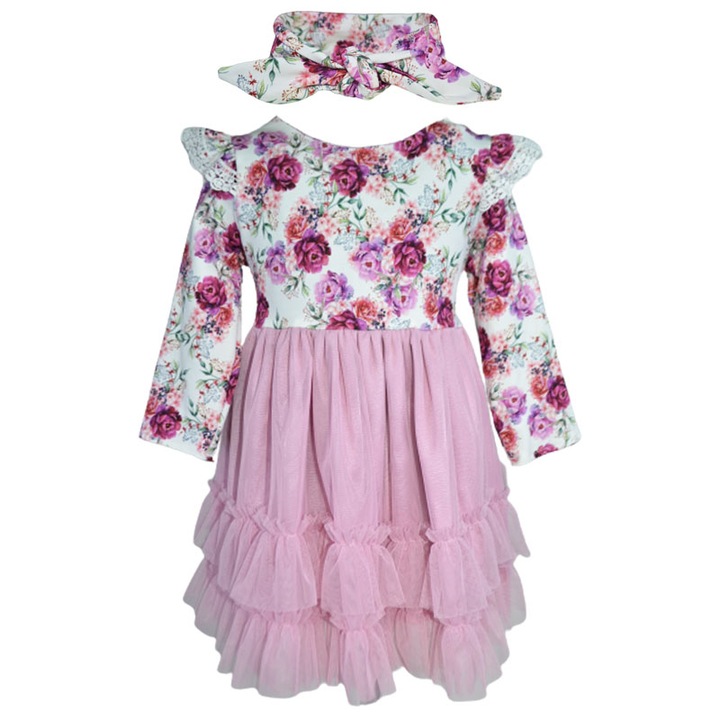 Елегантен комплект рокля с дълъг ръкав и лента за глава за момиче LULU DESIGN 101123-2-68, Розов 104017