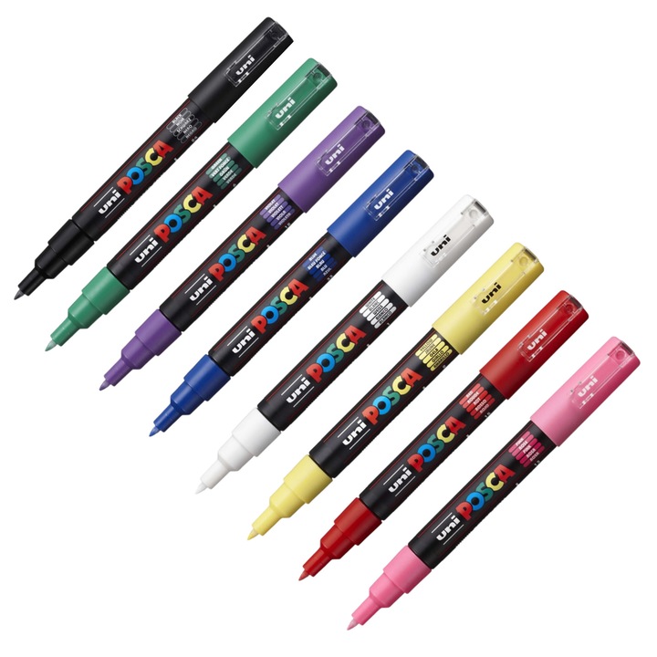 Маркер UNI PC-1M Posca, комплект 8 цвята, 0.7 мм, кръгъл връх, на водна основа