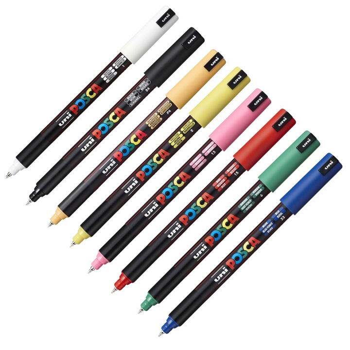 Marker UNI PC-1MR Posca, set 8 culori, 0.7 mm varf fin metalic