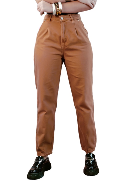 Blugi model boyfriend cu talie inalta din denim colorat, Maro camel